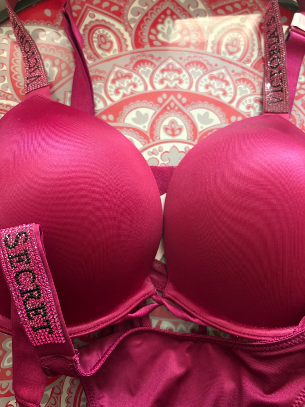 Victoria's Secret Hot Pink Rhinestone Strap Push-Up Bra Set